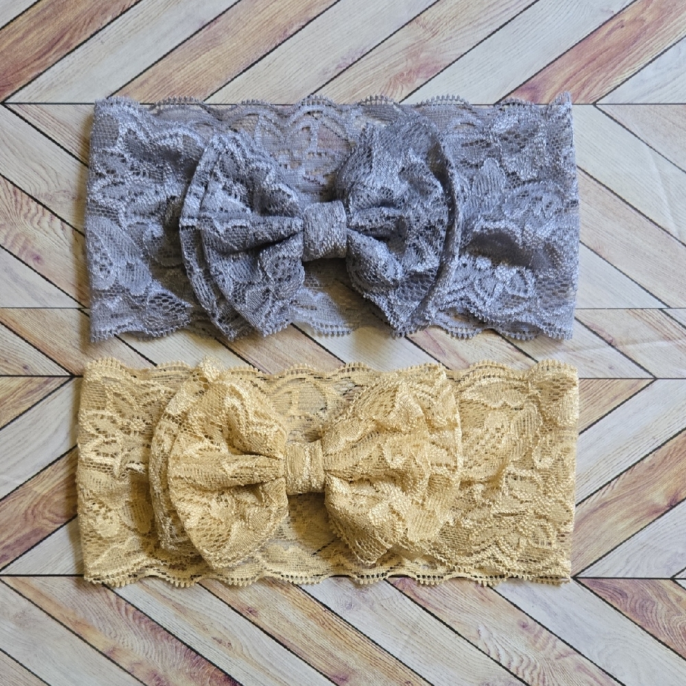 Baby Girl Grey & Beige Lace Stretch Bow Headband Floral Hair Band Accessory